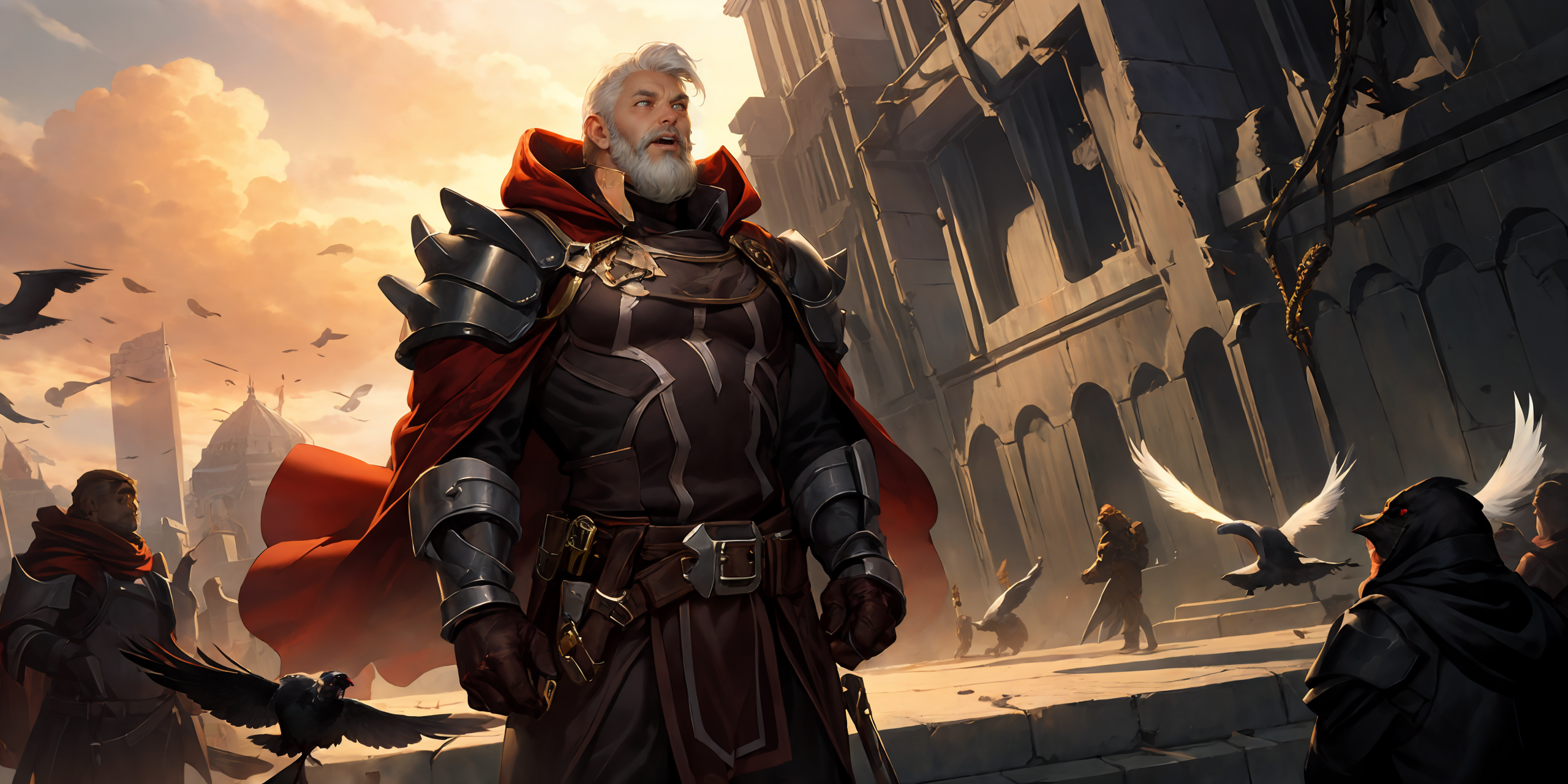 09713-3772850221-HEZI, LOL, ___(lol style___), game cg, bird, crow, 1boy, male focus, armor, solo, white hair, long hair, cloud, gloves, sky, fea.png